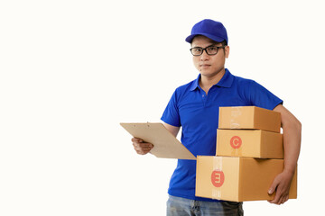 Sticker - Delivery concept - portrait of asian delivery man in blue clothes holding boxes Isolated on studio background
Young Asian courier holding mailbox isolated on white background