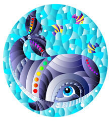 Wall Mural - Stained glass illustration with an abstract cartoon grey whale and fish on a background of water and air bubbles, oval image