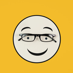Wall Mural - Head with a happy face and eyeglasses, mental health concept, positive mindset, support and evaluation symbol

