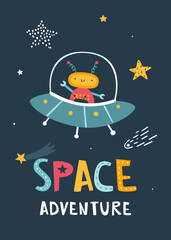 Wall Mural - space print with cute robot flying in the ufo. cartoon baby cosmic poster with lettering - space adv