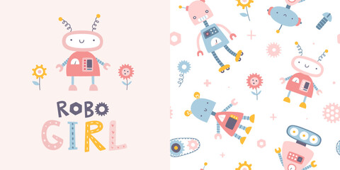 Wall Mural - cute girly pattern with pink robots. seamless vector print set for baby girl textile and fabric.