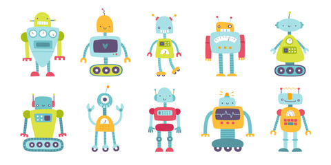 Wall Mural - set of cute funny robots for kids. collection of flat vector childish robots. naive colorful robots 