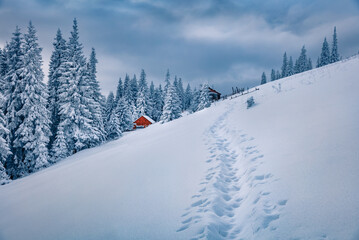 Beautiful winter scenery. Magnificent outdoor scene of abandoned village. Snowy morning view of Carpathian mountains. Traveling concept background.