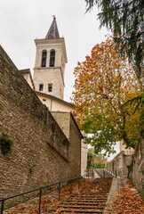 Wall Mural - narrow alley and stairs covered in autumn color leaves and foliage lead up to the Spoleto Cathedral