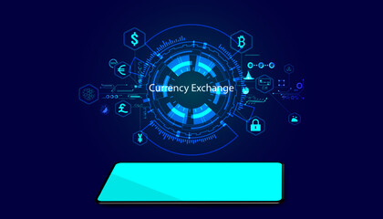 Poster - Abstract background digital online currency exchange infographic hud interface on circle background and phone on blue background