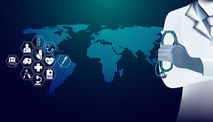 Poster - Abstract background digital health icons and world map by doctor or medical professional treatment modern technology modern medicine health insurance On a black and blue background.