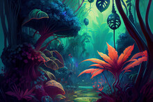 Alien Planet Magical Fantasy Jungle, Landscape, Digital Painting, Background