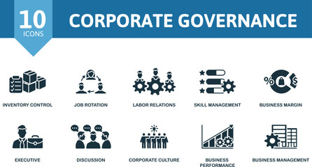 Corporate Governance icon set. Monochrome simple Corporate Governance icon collection. Inventory Control, Job Rotation, Labor Relations, Skill Management, Business Margin, Executive, Discussion