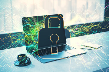 Poster - laptop with web safety padlock creative colorful lines metaverse hologram, notepad and coffee cup on desktop. Blurry window with city view background. Digital world and cyberspace concept. 
