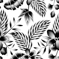 Wall Mural - tropical palm leaves seamless pattern with vintage monochromatic banana leaf and floral plants foliage on light backgrond. Floral background. Exotic tropics. Summer design. fashionable prints texture
