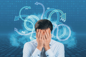 Poster - Attractive young european businessman covering face on blue background with arrows. Confusion and stress concept.