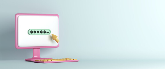 Fototapete - Password secure login access with cartoon style computer monitor with keyboard, 3d rendering illustration