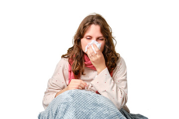 a sick woman blows her nose in a napkin, a runny nose, isolated on a white background. adult ill wom