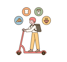 Wall Mural - A delivery man is carrying a food box and riding a kick scooter to deliver.