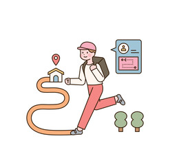 Poster - a deliveryman is carrying a delivery box and looking for a way.