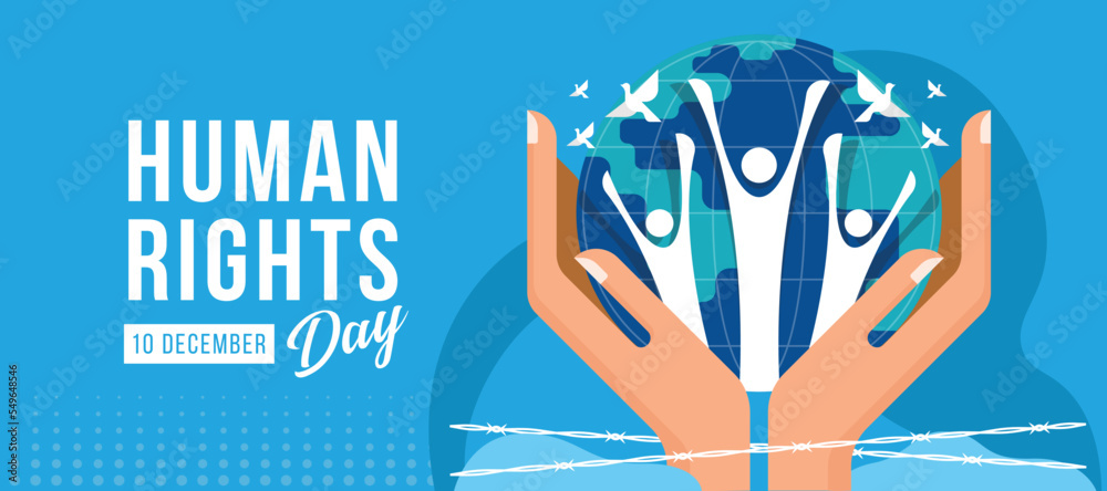 Human Rights Day - hands hold globe world with human raising hands and ...