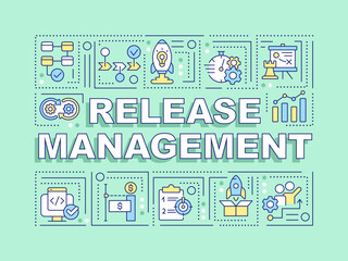 Release management word concepts light green banner. Software delivery. Infographics with editable icons on color background. Isolated typography. Vector illustration with text. Arial-Black font used