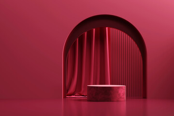 Abstract still life elegance red velvet podium platform product showcase with curtain 3d rendering