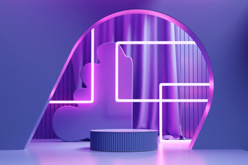 Poster - Violet Stage Platform with neon light For Product Display 3D Rendering