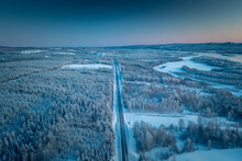 Drone View Over Arctic Landscape Road, Swedish Lapland