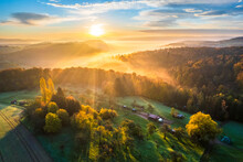 Germany, Baden-Wurttemberg, Drone View Of Remstal Valley At Foggy Sunrise