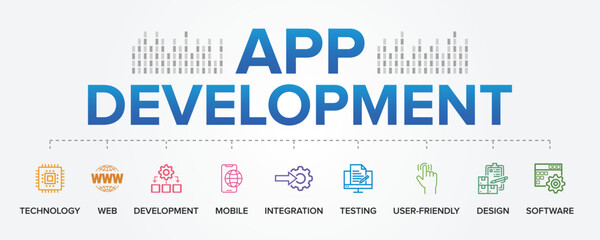 App Development concept vector icons set infographic background illustration. Application Development.