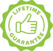 © Revolutionizzed - lifetime guarantee green stamp. Symbol, outline icon, tag, badge, label, circle, green white vector round isolated on transparent background.
