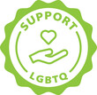 © Revolutionizzed - Support LGBTQ green stamp. Symbol, outline icon, tag, badge, label, circle, green white vector round isolated on transparent background.