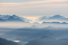 Germany, Bavaria, Jachenau, View From Herzogstand Mountain At Foggy Dawn