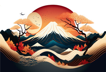 minimalistic mountain landscape with watercolor gold brush and texture in traditional oriental, japa