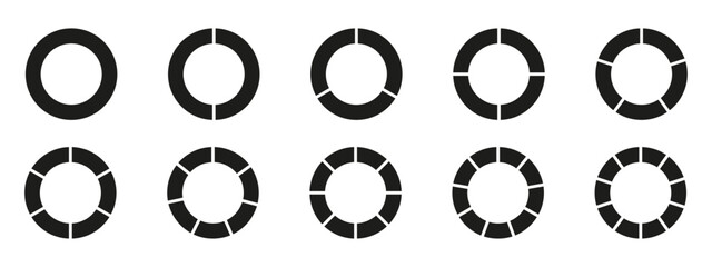 Fototapete - Circles divided diagram 3, 10, 7, graph icon pie shape section chart. Segment circle round vector 6, 9 devide infographic.