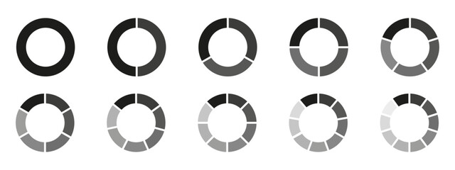 Fototapete - Circles divided diagram 3, 10, 7, graph icon pie shape section chart. Segment circle round vector 6, 9 devide infographic.