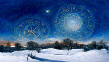This Magical Winter Landscape Features A Zodiac Made Up Of Stars In The Sky. It's Perfect For Divining Astrological Signs, Or For Horoscopes.