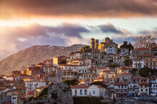 The Village Of Arachova, Greece, At The Slopes Of Parnassos Mountain During A Golden Winter Sunset