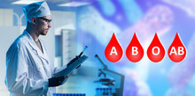 Test Tube With Blood In Doctors Hand. Man Laboratory Assistant In White Coat. Doctor Makes Blood Test. Blood Group Symbols Near Medic. Doctor Examines Patients Tests. Man Clinic Employee Thinking