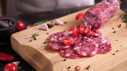 Wall Mural - Chili pepper falling down on sliced salami sausage on wooden cutting board at domestic kitchen