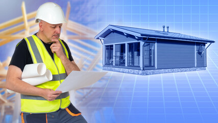 Poster - Man architect thought. Builder designer scratches his chin. Digital architectural layout near guy. Architectural man in reflective vest scratches his chin. Builder with architectural documentation