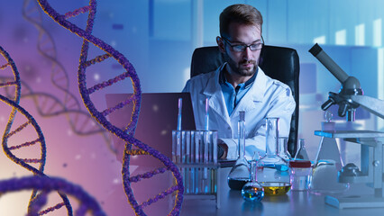 Poster - man is geneticist. doctor works in genetic laboratory. research lab worker with laptop. scientist ge