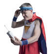 PNG file no background Funny superhero having problems with a cordless telephone
