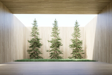 Modern contemporary style empty terrace for your content with pine and hay garden background 3d render There are plank wall and floor sunlight shine to inside