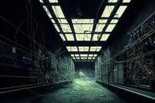 Dark Dystopian Sci-fi Corridor Hallway Environment With Empty Street And Electric Poles Illustration