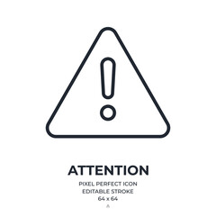 Wall Mural - Attention, danger, alert, warning concept. Exclamation mark triangle editable stroke outline icon isolated on white background flat vector illustration. Pixel perfect. 64 x 64.