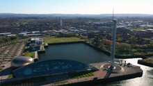 Aerial Shot Of Panning Around Glasgow Science Centre And The River Clyde