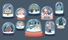 Christmas Snow Globe Flat Icons Set. Crystal Snowball With Winter Landscape, Santa Claus With Presents, Angel And Letter. Winter Holiday Snowball With Snowflakes. Color Isolated Illustrations