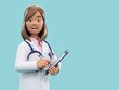 Cartoon doctor character holding pen and clipboard. Female medic specialist with stethoscope in doctor uniform. Professional consultation. Medical concept. 3d rendering
