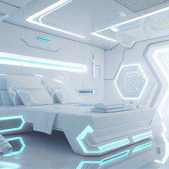 Futuristic sci-fi architecture white neon bedroom interior design. High Technology Bedroom Interior