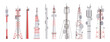 Radio tower towered communication technology antenna icons set. Vector illustration towering broadcast equipment isolated on white. Construction in city with network wireless signal station