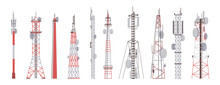 Radio Tower Towered Communication Technology Antenna Icons Set. Vector Illustration Towering Broadcast Equipment Isolated On White. Construction In City With Network Wireless Signal Station