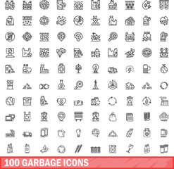 Poster - 100 garbage icons set. Outline illustration of 100 garbage icons vector set isolated on white background