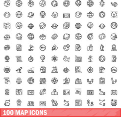 Poster - 100 map icons set. Outline illustration of 100 map icons vector set isolated on white background